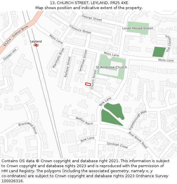 13, CHURCH STREET, LEYLAND, PR25 4XE: Location map and indicative extent of plot
