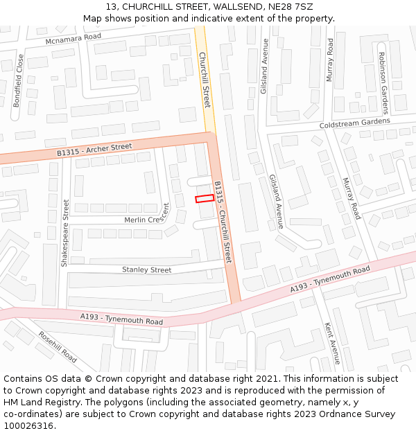 13, CHURCHILL STREET, WALLSEND, NE28 7SZ: Location map and indicative extent of plot