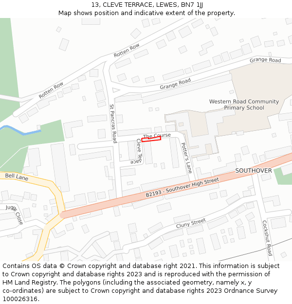 13, CLEVE TERRACE, LEWES, BN7 1JJ: Location map and indicative extent of plot