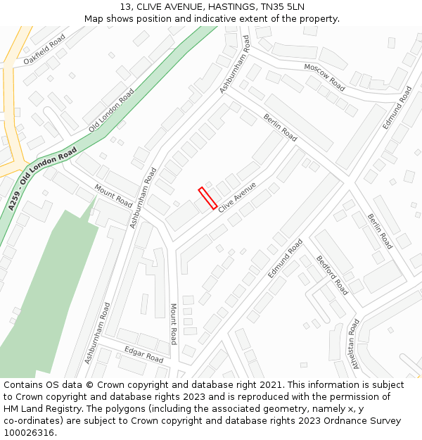 13, CLIVE AVENUE, HASTINGS, TN35 5LN: Location map and indicative extent of plot