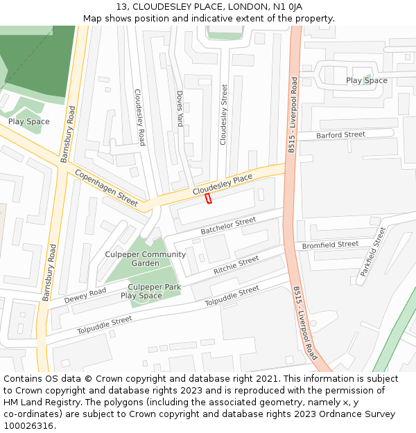13, CLOUDESLEY PLACE, LONDON, N1 0JA: Location map and indicative extent of plot