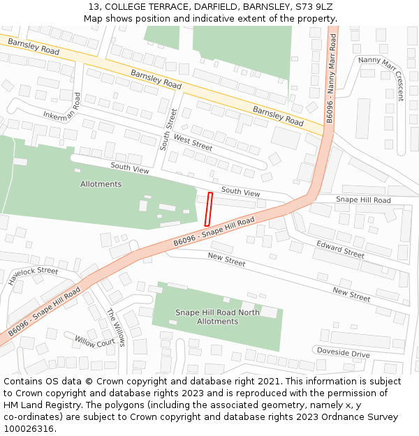 13, COLLEGE TERRACE, DARFIELD, BARNSLEY, S73 9LZ: Location map and indicative extent of plot