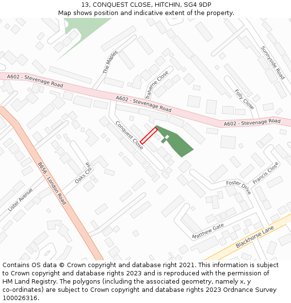 13, CONQUEST CLOSE, HITCHIN, SG4 9DP: Location map and indicative extent of plot