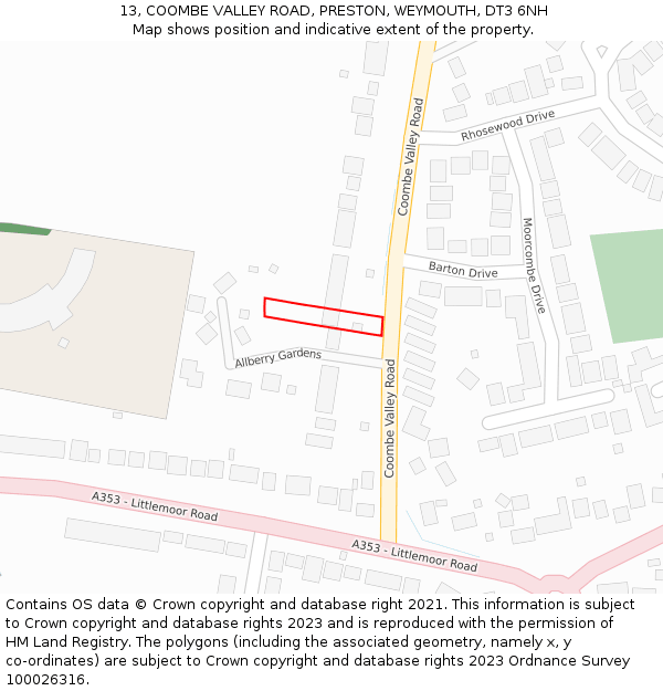 13, COOMBE VALLEY ROAD, PRESTON, WEYMOUTH, DT3 6NH: Location map and indicative extent of plot