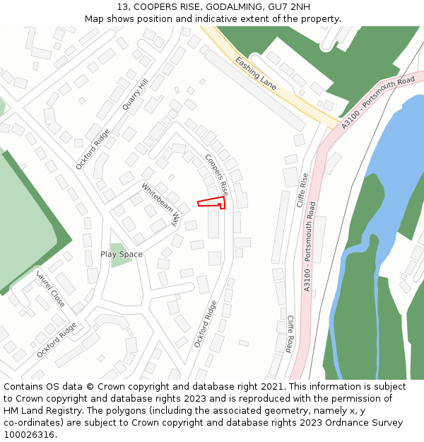 13, COOPERS RISE, GODALMING, GU7 2NH: Location map and indicative extent of plot