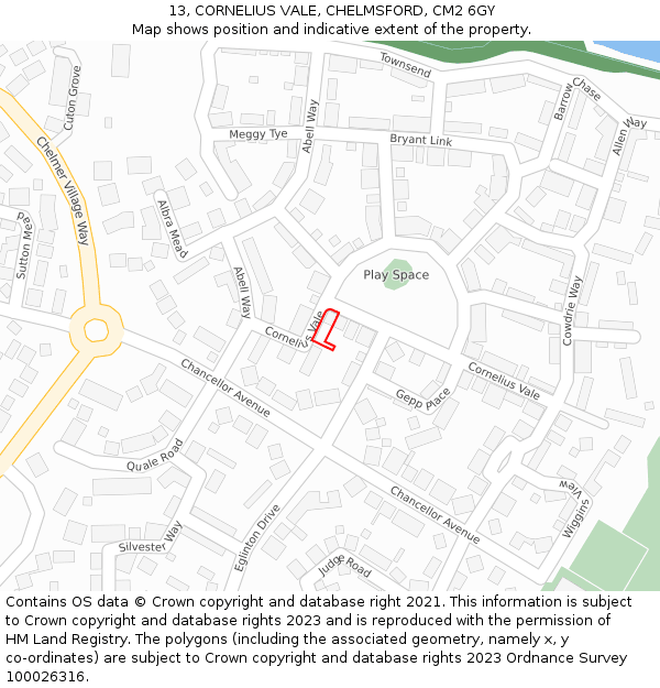 13, CORNELIUS VALE, CHELMSFORD, CM2 6GY: Location map and indicative extent of plot