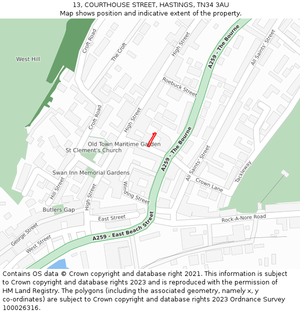 13, COURTHOUSE STREET, HASTINGS, TN34 3AU: Location map and indicative extent of plot