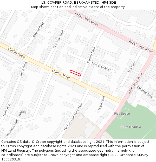 13, COWPER ROAD, BERKHAMSTED, HP4 3DE: Location map and indicative extent of plot