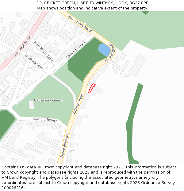 13, CRICKET GREEN, HARTLEY WINTNEY, HOOK, RG27 8PP: Location map and indicative extent of plot