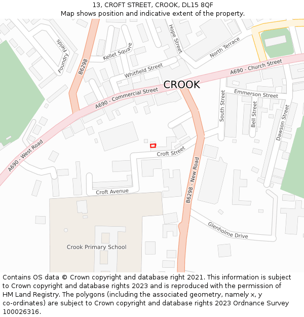 13, CROFT STREET, CROOK, DL15 8QF: Location map and indicative extent of plot