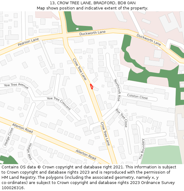 13, CROW TREE LANE, BRADFORD, BD8 0AN: Location map and indicative extent of plot