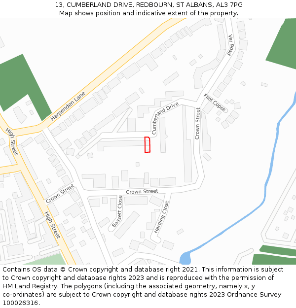 13, CUMBERLAND DRIVE, REDBOURN, ST ALBANS, AL3 7PG: Location map and indicative extent of plot