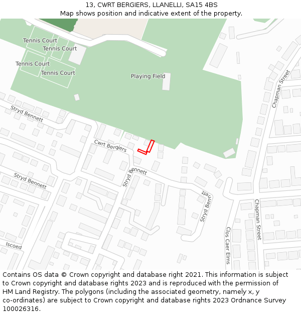 13, CWRT BERGIERS, LLANELLI, SA15 4BS: Location map and indicative extent of plot