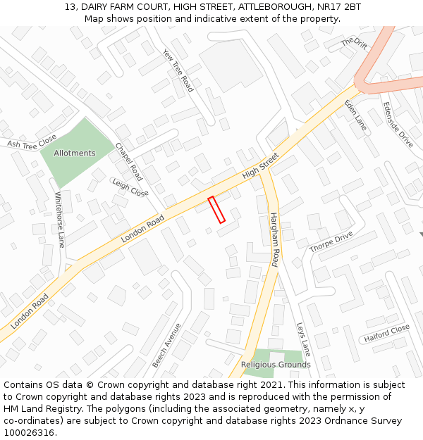 13, DAIRY FARM COURT, HIGH STREET, ATTLEBOROUGH, NR17 2BT: Location map and indicative extent of plot