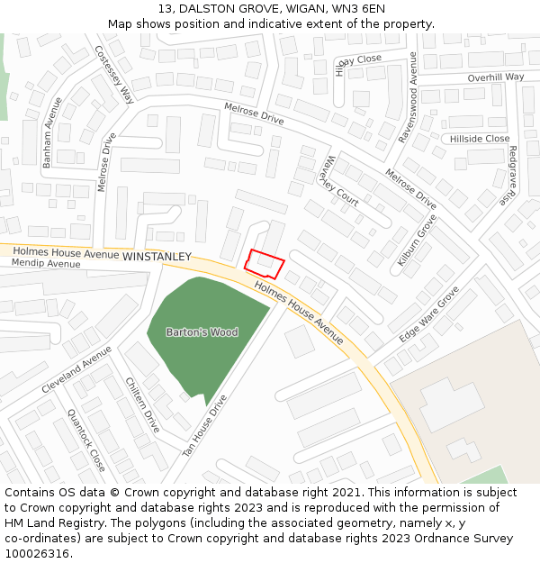 13, DALSTON GROVE, WIGAN, WN3 6EN: Location map and indicative extent of plot