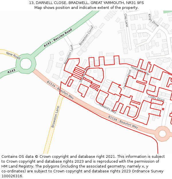 13, DARNELL CLOSE, BRADWELL, GREAT YARMOUTH, NR31 9FS: Location map and indicative extent of plot