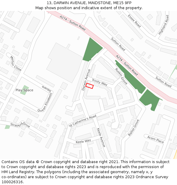 13, DARWIN AVENUE, MAIDSTONE, ME15 9FP: Location map and indicative extent of plot