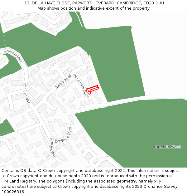 13, DE LA HAYE CLOSE, PAPWORTH EVERARD, CAMBRIDGE, CB23 3UU: Location map and indicative extent of plot