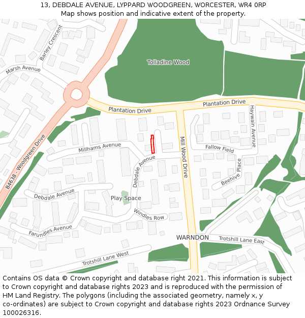 13, DEBDALE AVENUE, LYPPARD WOODGREEN, WORCESTER, WR4 0RP: Location map and indicative extent of plot