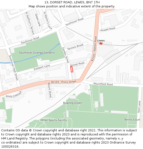 13, DORSET ROAD, LEWES, BN7 1TH: Location map and indicative extent of plot