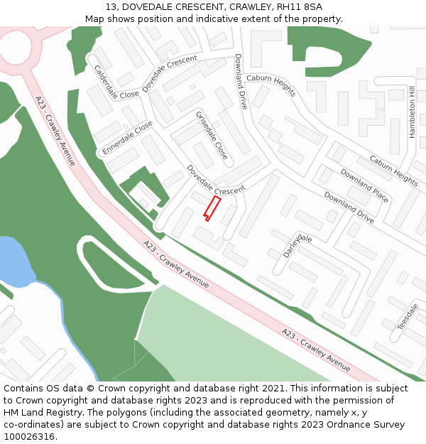 13, DOVEDALE CRESCENT, CRAWLEY, RH11 8SA: Location map and indicative extent of plot