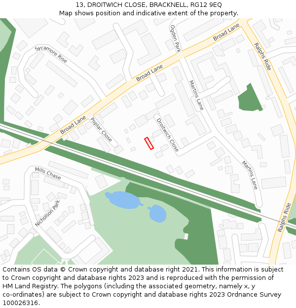 13, DROITWICH CLOSE, BRACKNELL, RG12 9EQ: Location map and indicative extent of plot