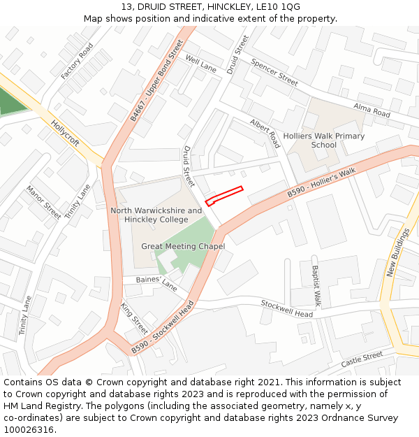 13, DRUID STREET, HINCKLEY, LE10 1QG: Location map and indicative extent of plot
