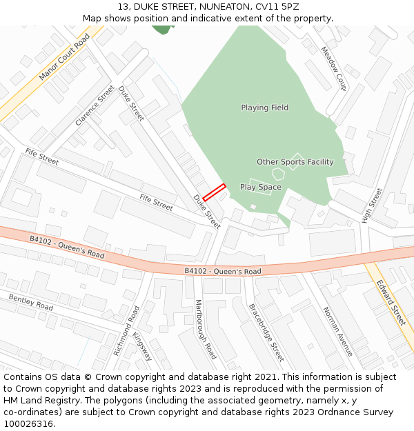 13, DUKE STREET, NUNEATON, CV11 5PZ: Location map and indicative extent of plot