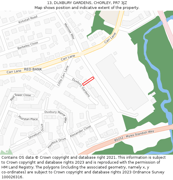 13, DUXBURY GARDENS, CHORLEY, PR7 3JZ: Location map and indicative extent of plot