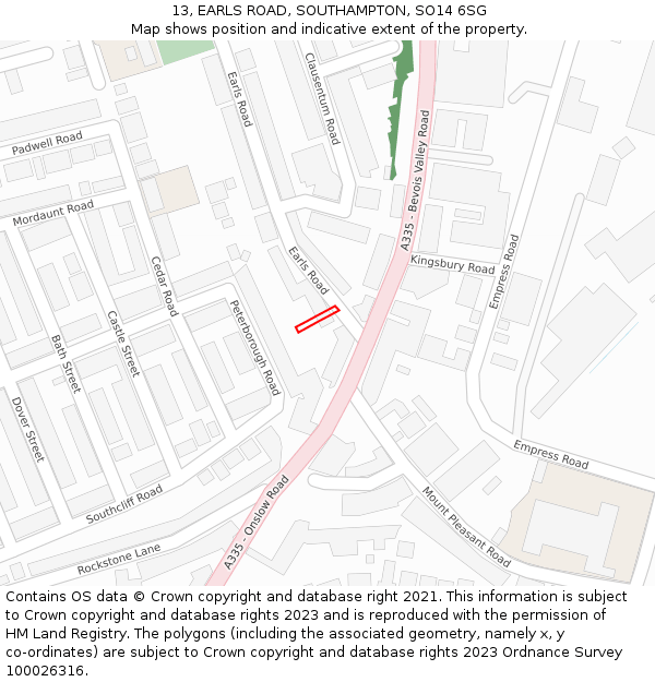 13, EARLS ROAD, SOUTHAMPTON, SO14 6SG: Location map and indicative extent of plot