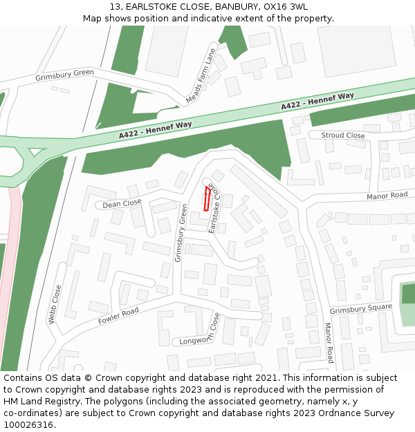 13, EARLSTOKE CLOSE, BANBURY, OX16 3WL: Location map and indicative extent of plot