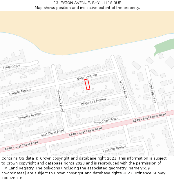 13, EATON AVENUE, RHYL, LL18 3UE: Location map and indicative extent of plot