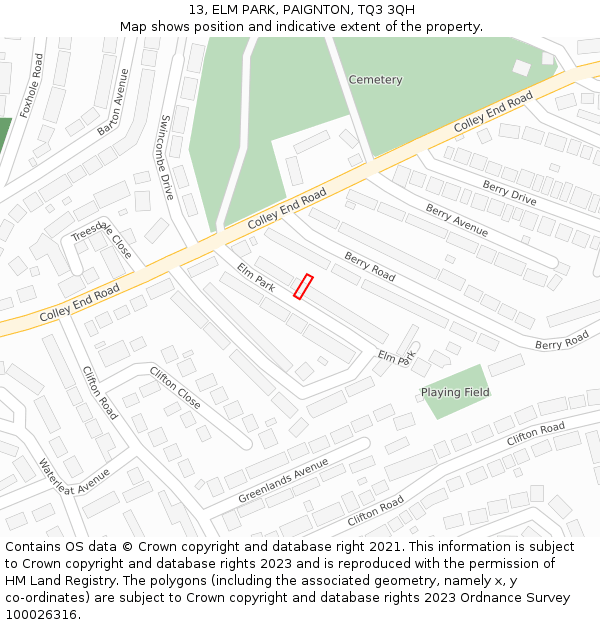 13, ELM PARK, PAIGNTON, TQ3 3QH: Location map and indicative extent of plot