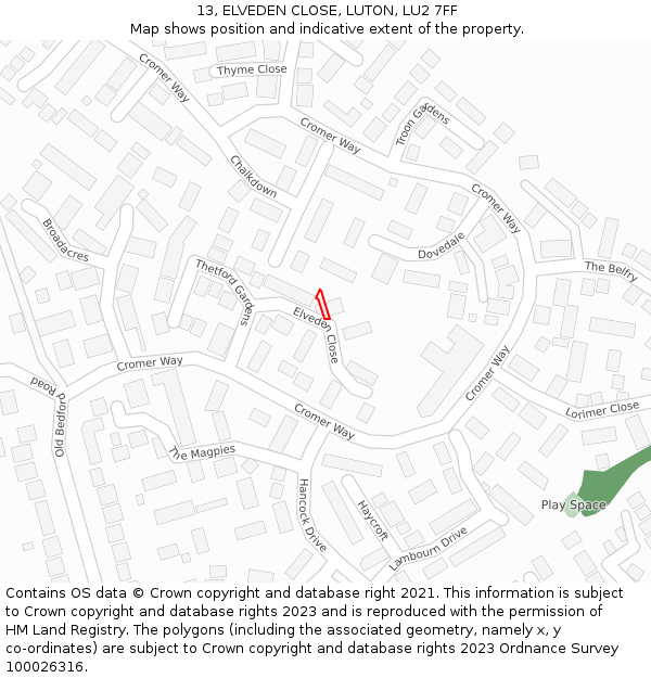 13, ELVEDEN CLOSE, LUTON, LU2 7FF: Location map and indicative extent of plot