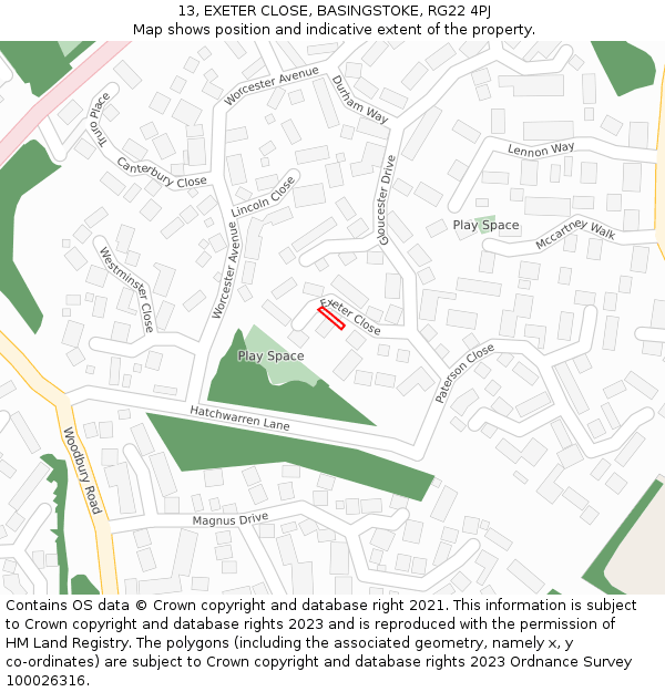13, EXETER CLOSE, BASINGSTOKE, RG22 4PJ: Location map and indicative extent of plot