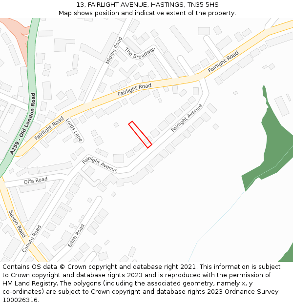 13, FAIRLIGHT AVENUE, HASTINGS, TN35 5HS: Location map and indicative extent of plot
