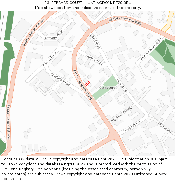 13, FERRARS COURT, HUNTINGDON, PE29 3BU: Location map and indicative extent of plot