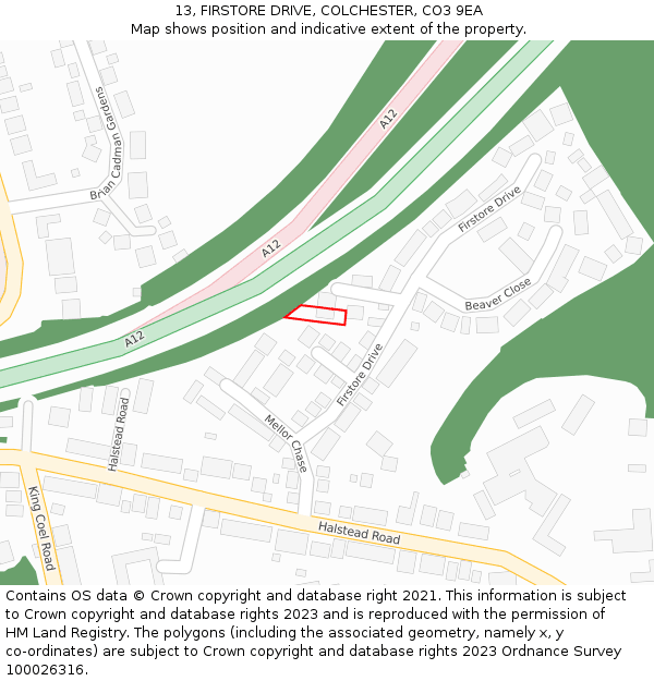 13, FIRSTORE DRIVE, COLCHESTER, CO3 9EA: Location map and indicative extent of plot