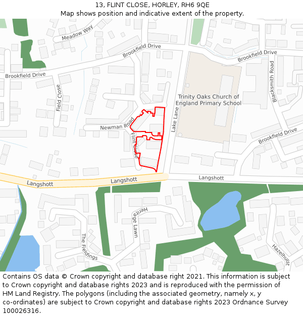13, FLINT CLOSE, HORLEY, RH6 9QE: Location map and indicative extent of plot