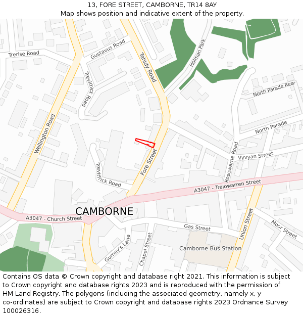 13, FORE STREET, CAMBORNE, TR14 8AY: Location map and indicative extent of plot