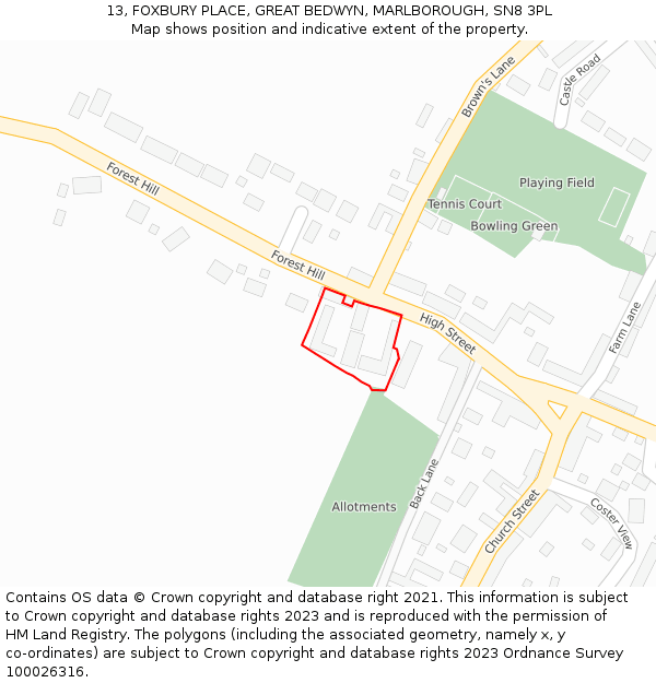 13, FOXBURY PLACE, GREAT BEDWYN, MARLBOROUGH, SN8 3PL: Location map and indicative extent of plot