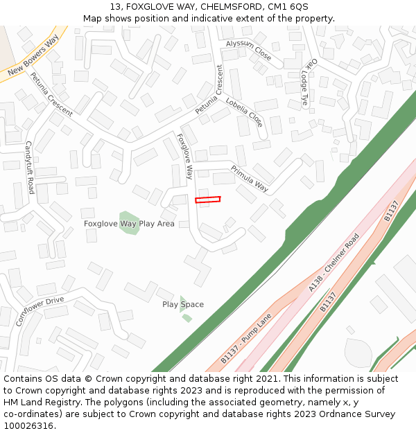 13, FOXGLOVE WAY, CHELMSFORD, CM1 6QS: Location map and indicative extent of plot