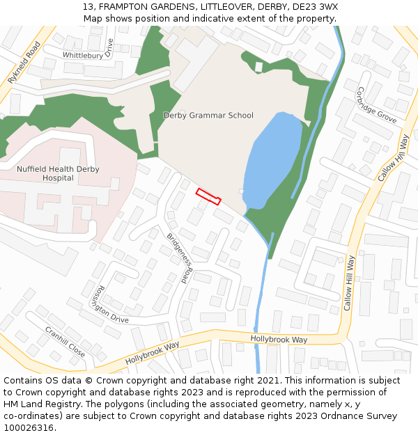 13, FRAMPTON GARDENS, LITTLEOVER, DERBY, DE23 3WX: Location map and indicative extent of plot