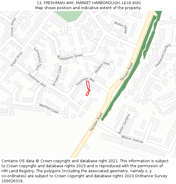 13, FRESHMAN WAY, MARKET HARBOROUGH, LE16 9GN: Location map and indicative extent of plot