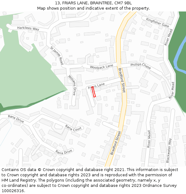 13, FRIARS LANE, BRAINTREE, CM7 9BL: Location map and indicative extent of plot