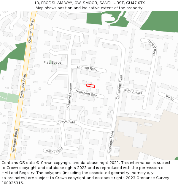 13, FRODSHAM WAY, OWLSMOOR, SANDHURST, GU47 0TX: Location map and indicative extent of plot