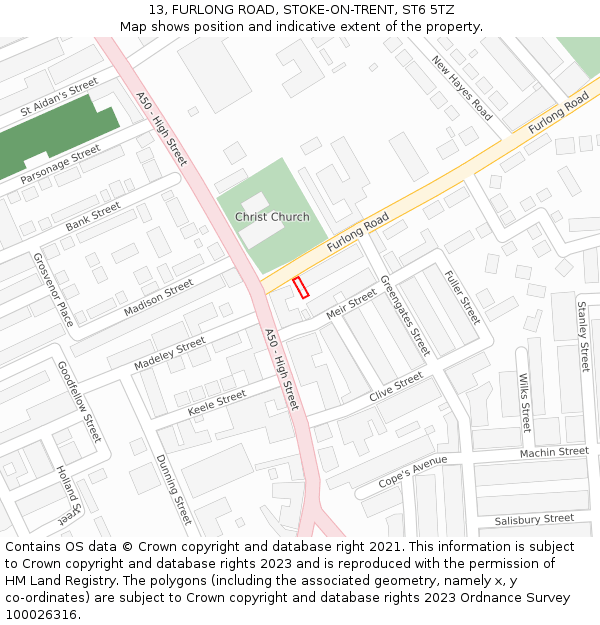 13, FURLONG ROAD, STOKE-ON-TRENT, ST6 5TZ: Location map and indicative extent of plot