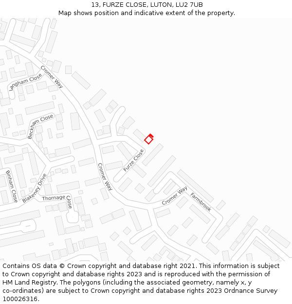 13, FURZE CLOSE, LUTON, LU2 7UB: Location map and indicative extent of plot