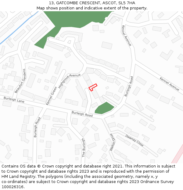 13, GATCOMBE CRESCENT, ASCOT, SL5 7HA: Location map and indicative extent of plot