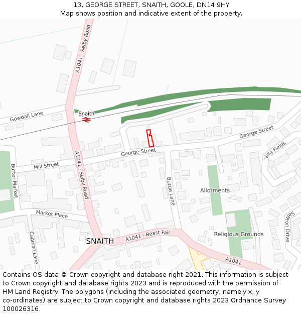 13, GEORGE STREET, SNAITH, GOOLE, DN14 9HY: Location map and indicative extent of plot